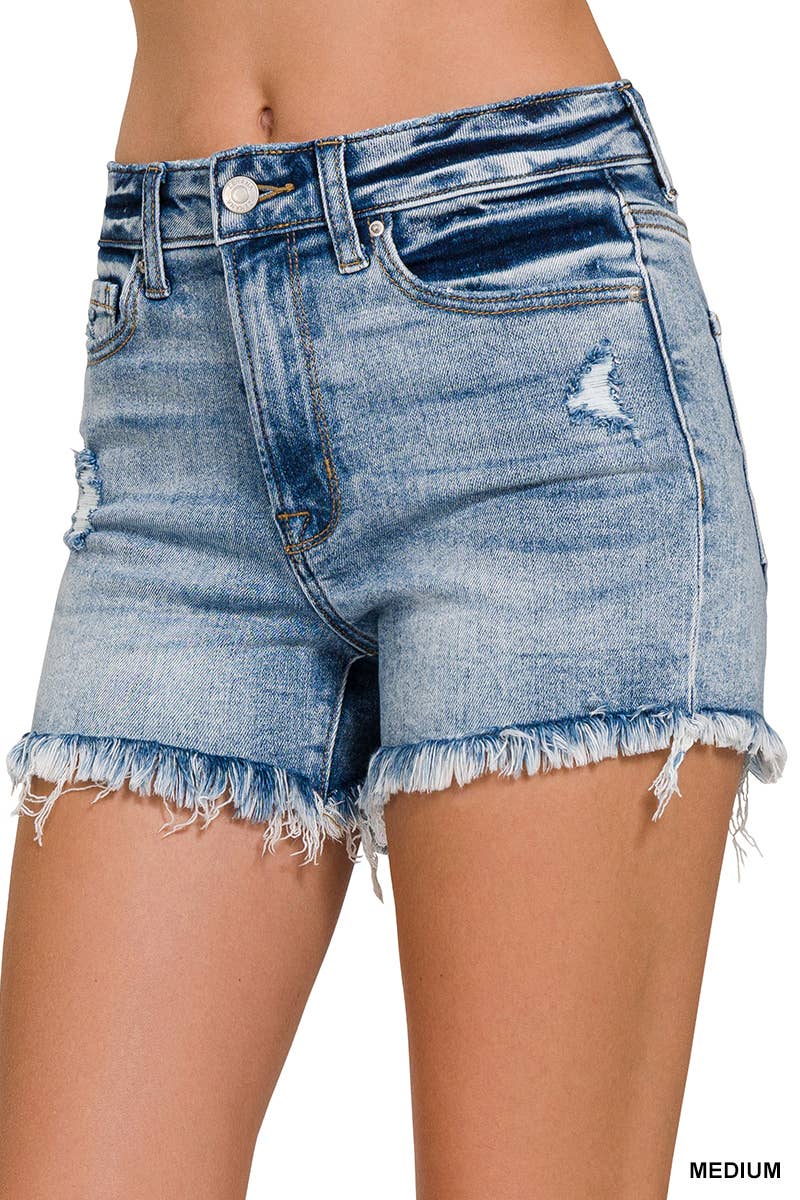 Zenana Raw Frayed Hem Ripped Denim Shorts
