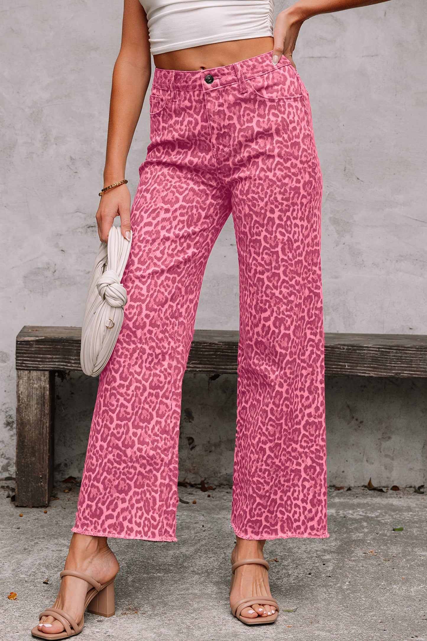 Western Leopard Frayed Edge Wide-Leg Jeans