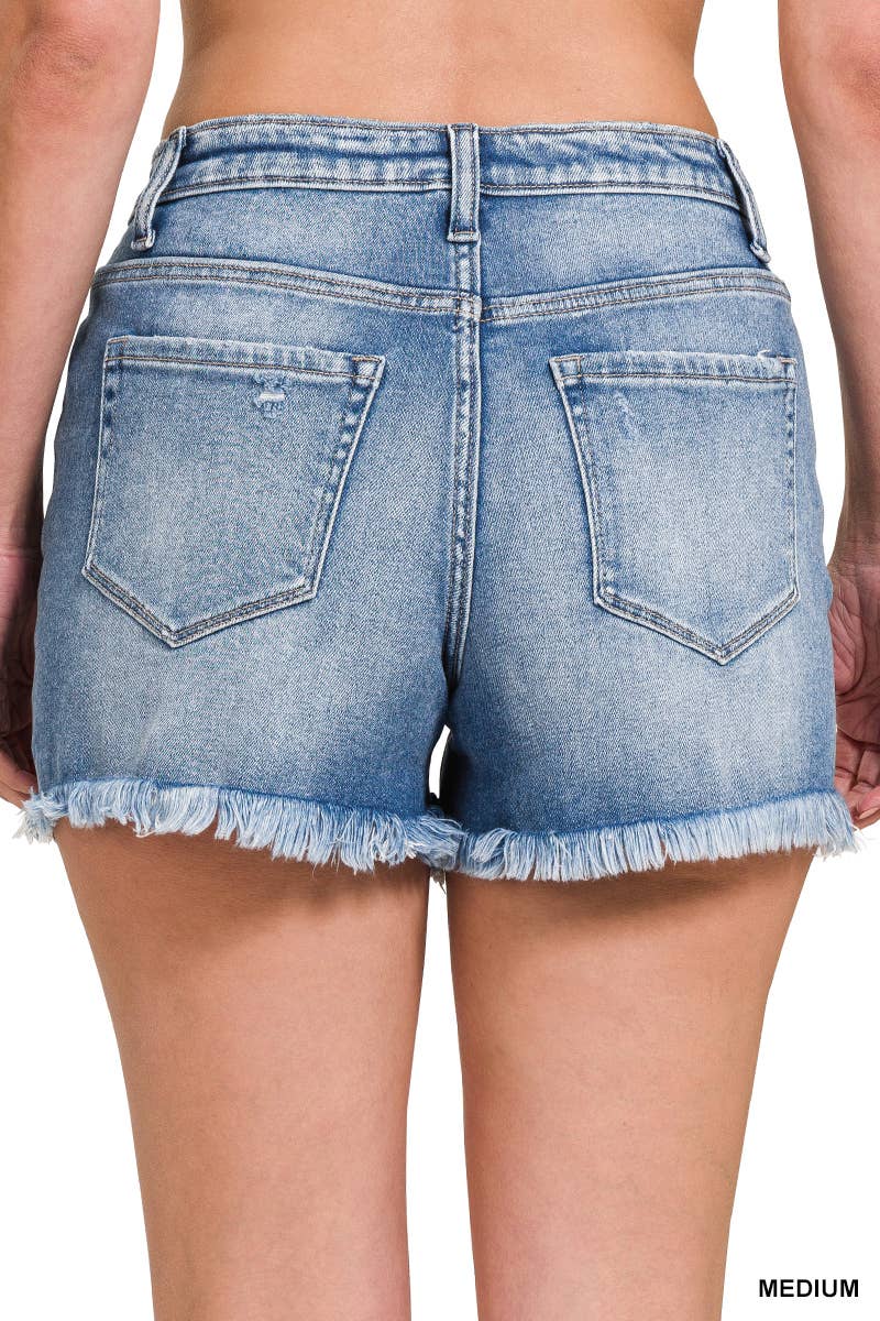 Zenana Distressed Mid Rise Frayed Hem Denim Shorts