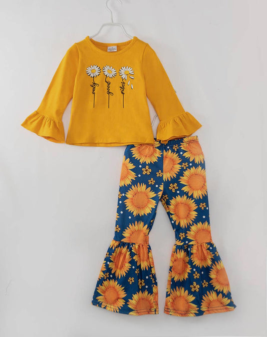 Yellow Sunflower Ruffle Girl Bell Bottom Set