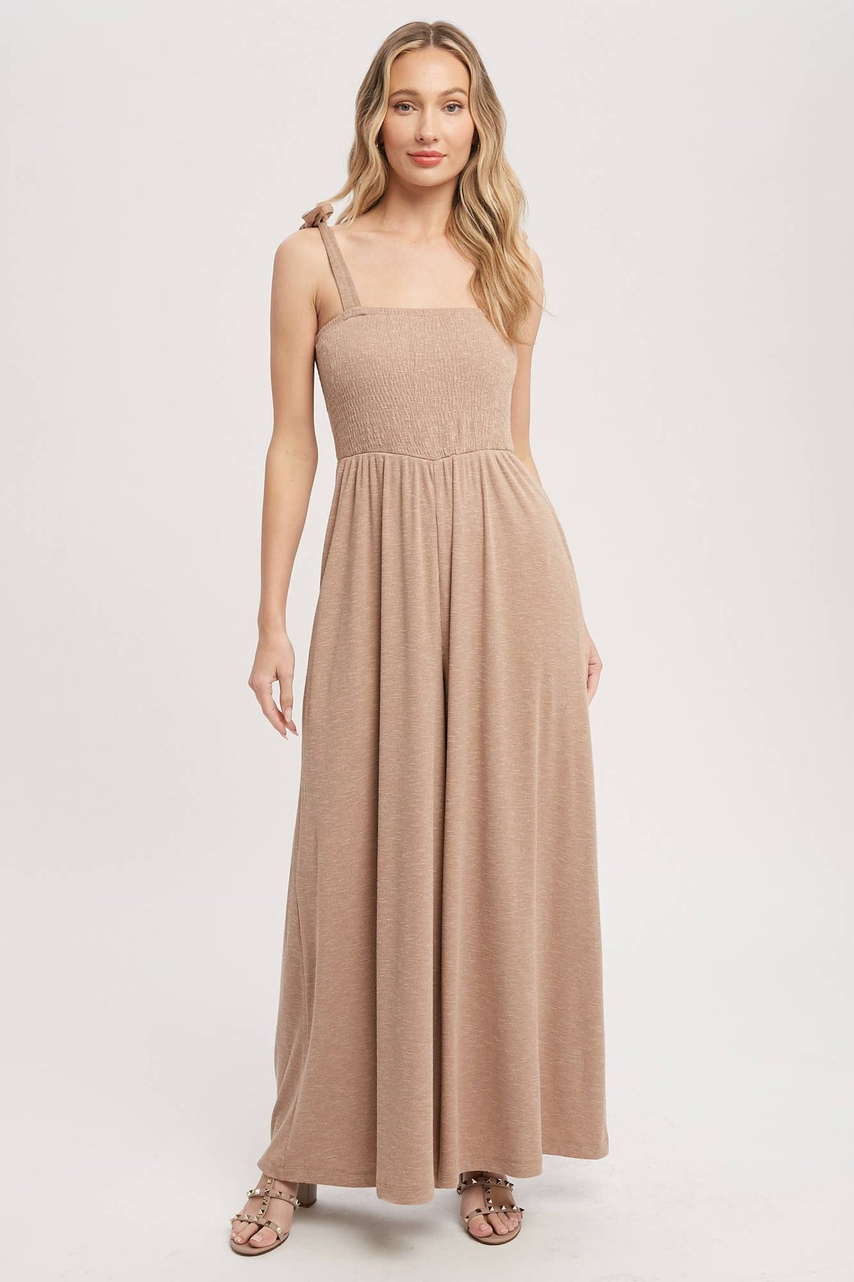 SMOCKED WIDE LEG JUMPSUIT