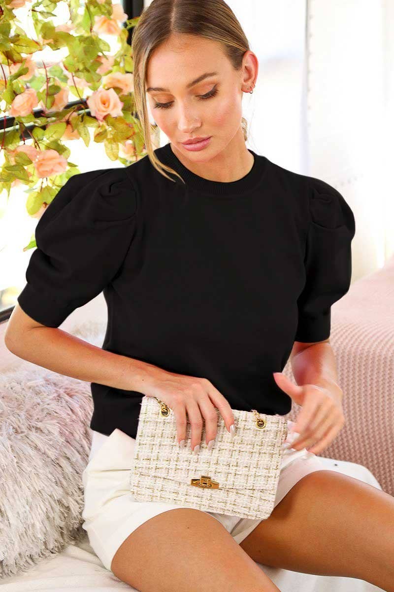 Crew Neck Puff Sleeve Knitted Sweater