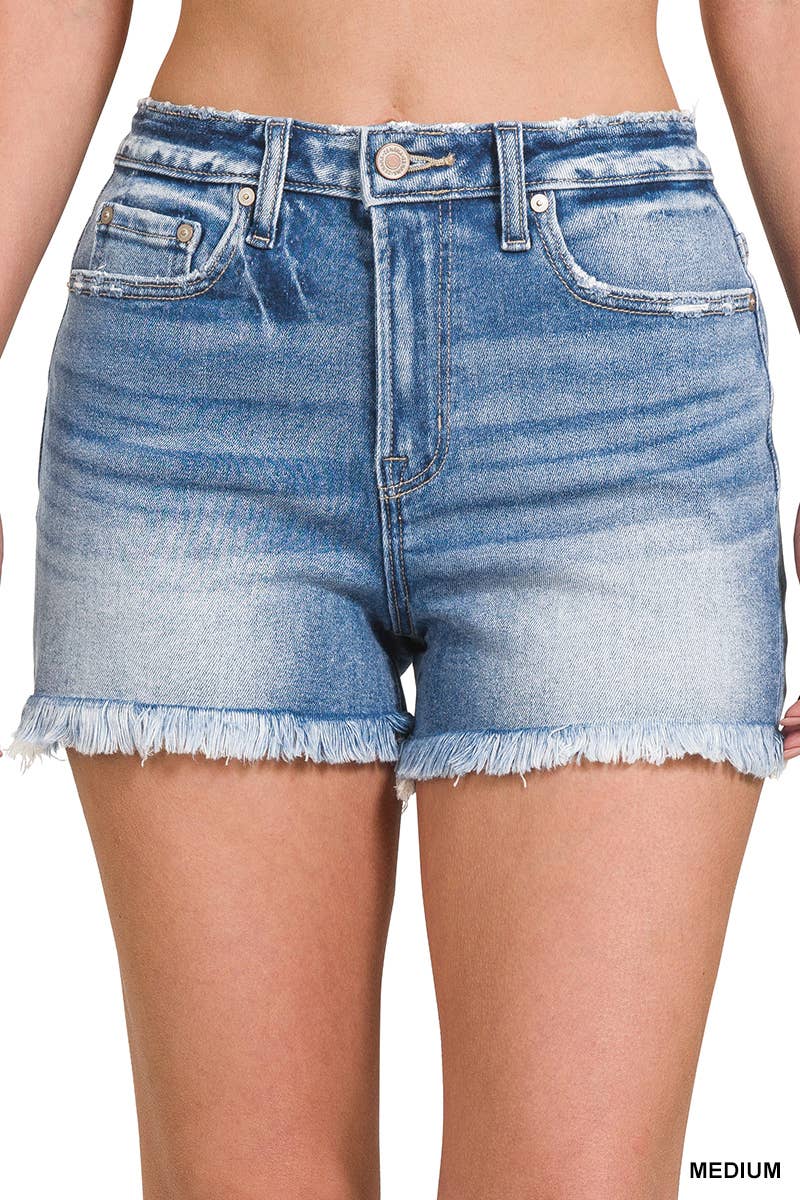 Zenana Distressed Mid Rise Frayed Hem Denim Shorts