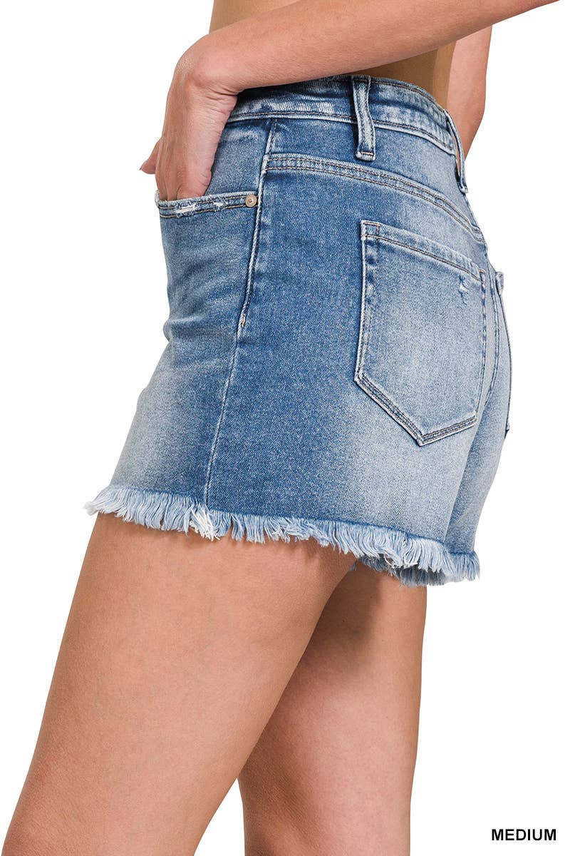 Zenana Distressed Mid Rise Frayed Hem Denim Shorts