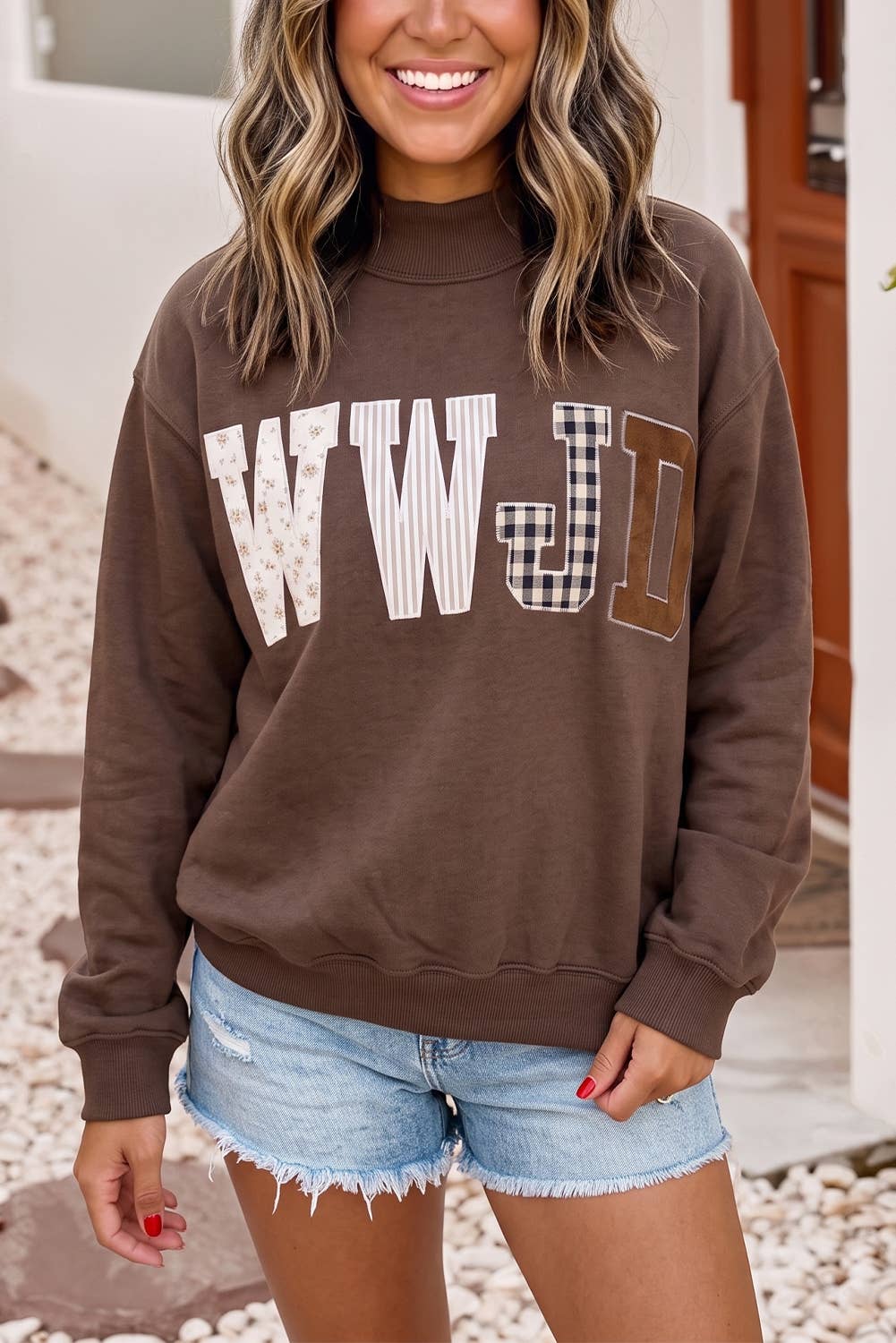 WWJD Embroidered Patch Mock Neck Crew