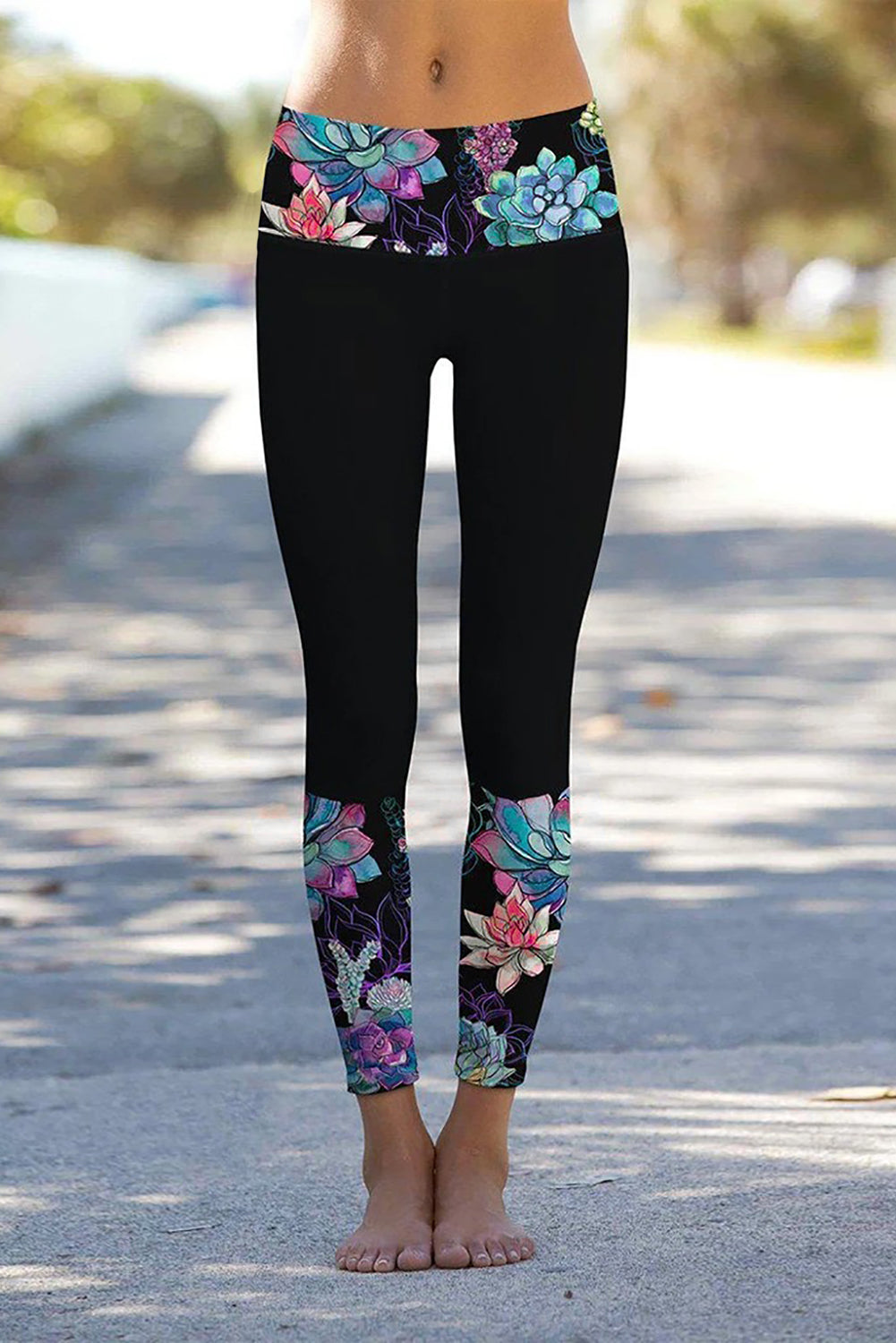 Black Floral Printed Details Leggings Yoga Pants