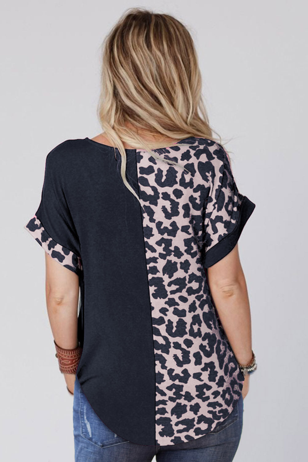 Black Half Leopard Print Short Sleeves Top