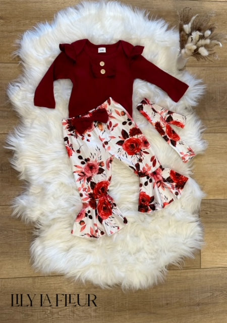 Burgundy Romper and Bowknot Flared Floral Pants Set With Headband