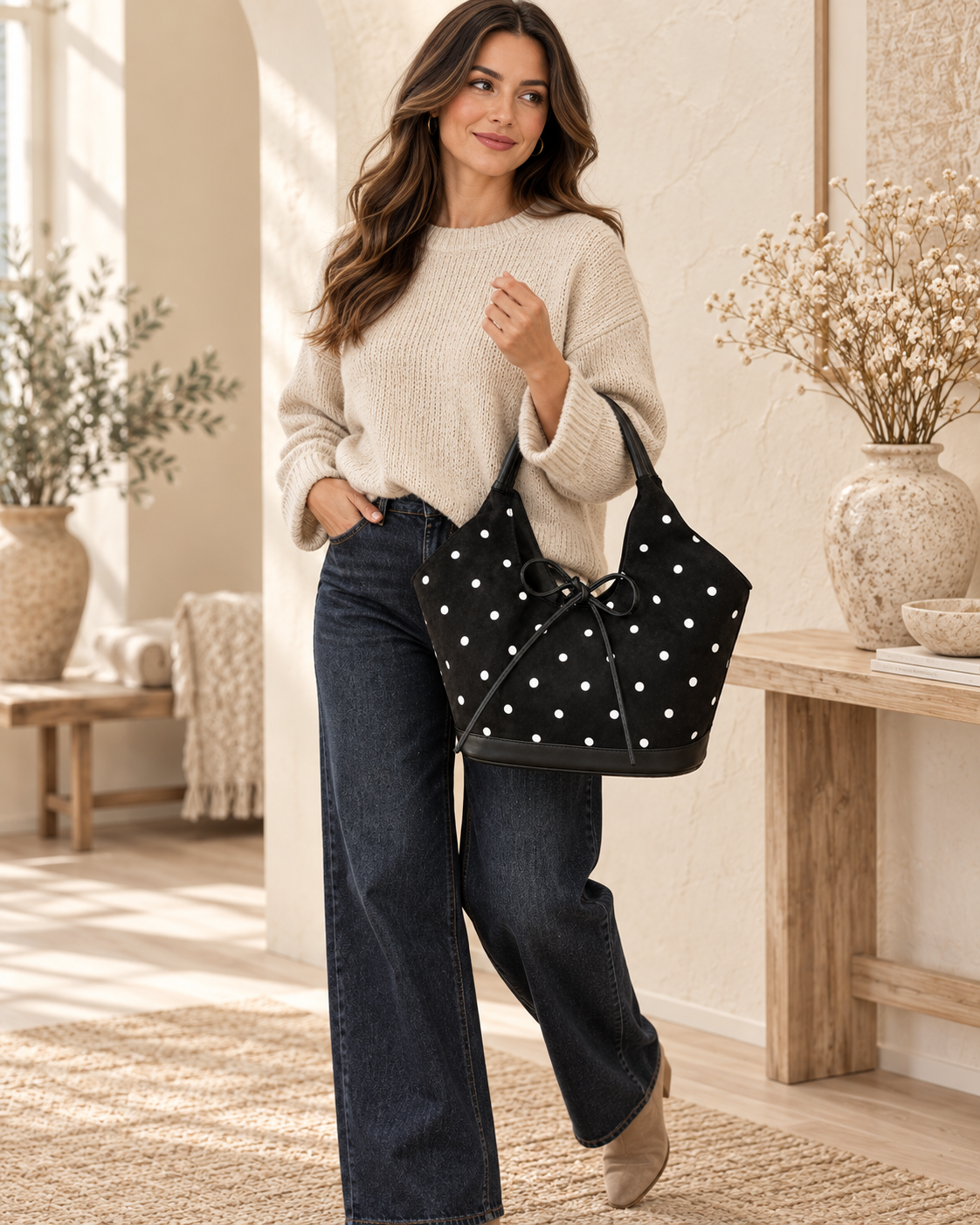 Pretty In Polka Dots Soft Bucket Shoulder Handbag