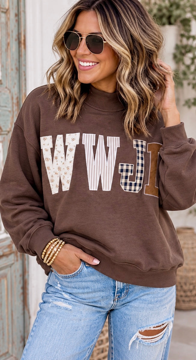 WWJD Embroidered Patch Mock Neck Crew