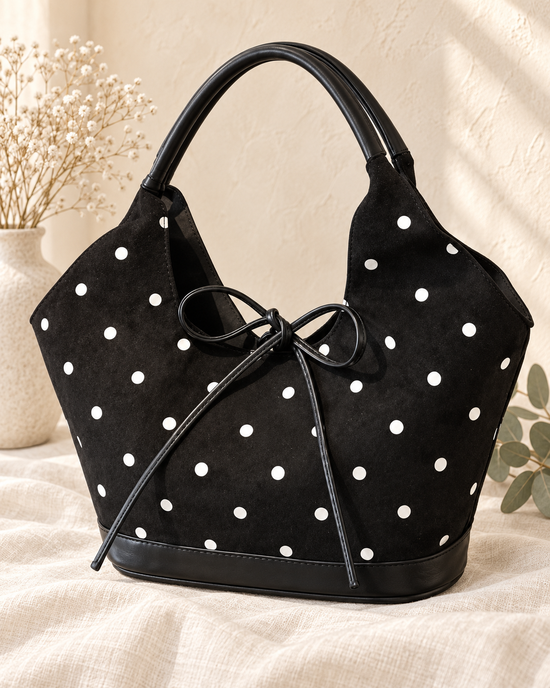 Pretty In Polka Dots Soft Bucket Shoulder Handbag