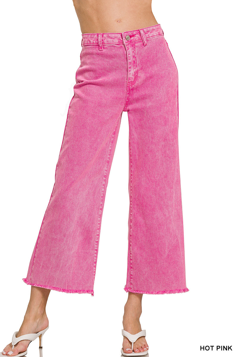 Acid washed high waist frayed hem straight pants