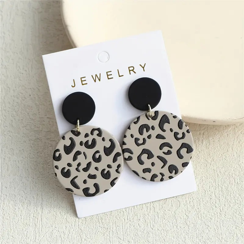 Round Shape Leopard Pattern Dangle Earrings