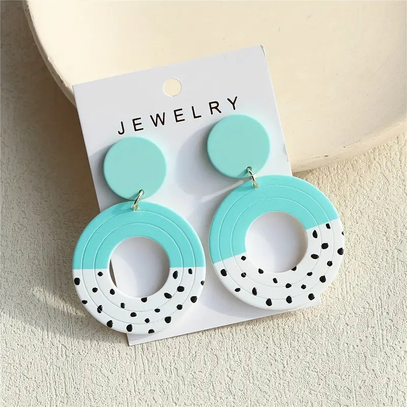 Hollow Round Shape Blue & Black Dot Pattern Dangle Earrings