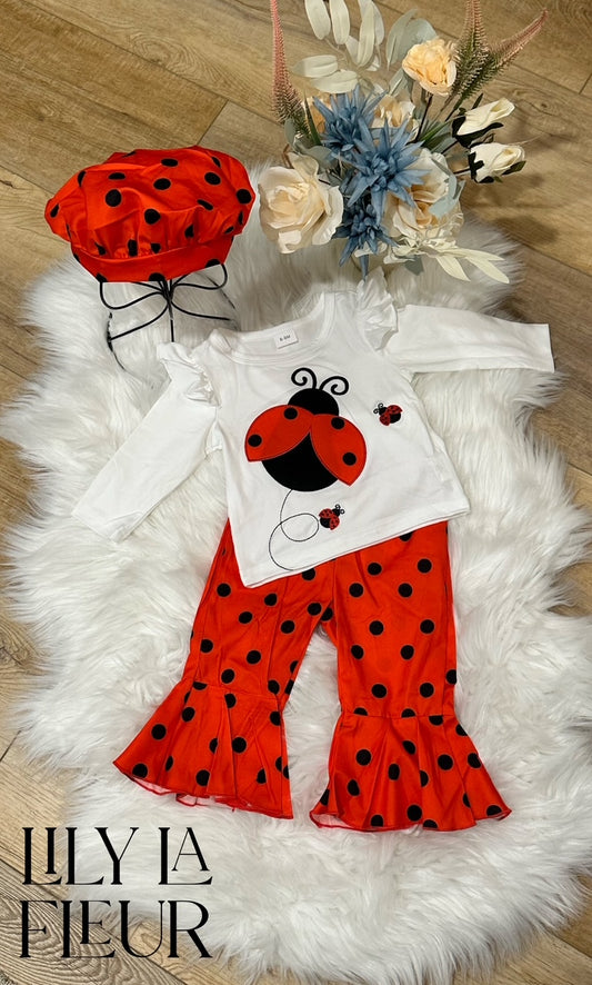 Embroidered Ladybug Ruffled Sleeve w Polka Dot Pants and Hat