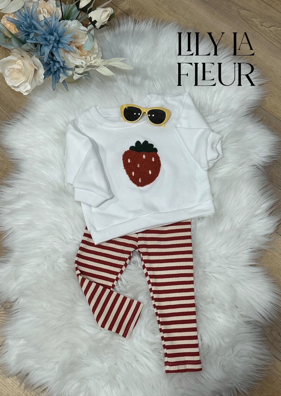 Embroidered Strawberry Ruffled Top w Striped Pants