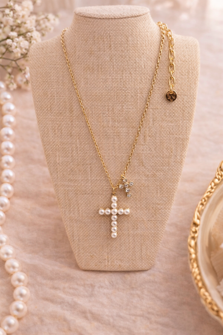 "Faithful Sparkle" Double Cross Necklace