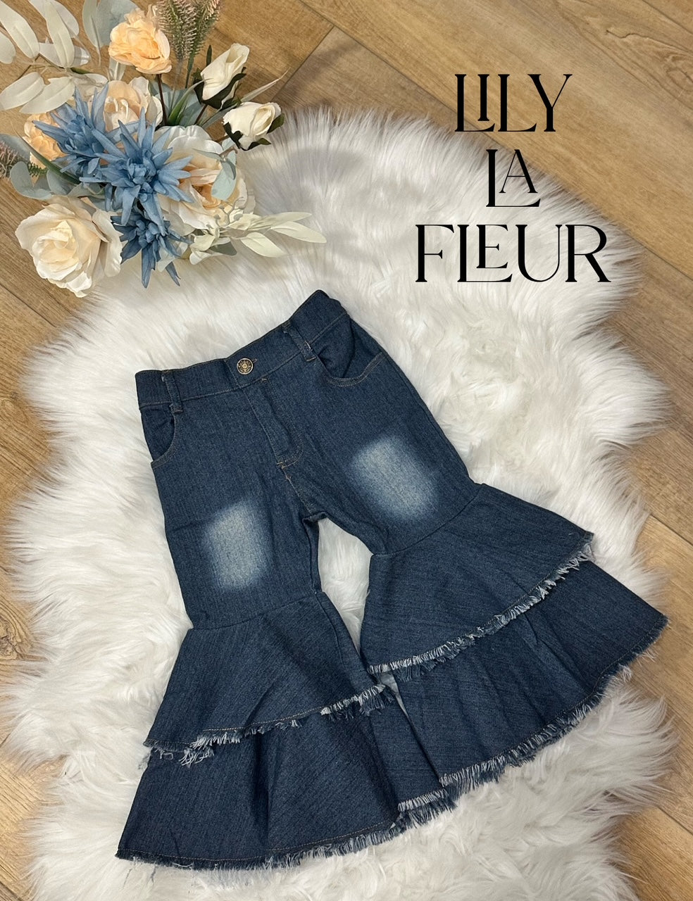 Girls Bell-Bottom Tiered Raw Hem Jeans