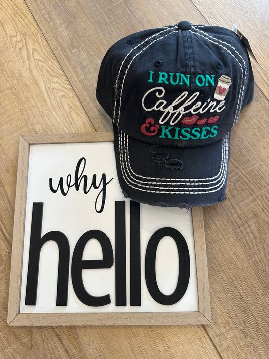 "I Run On Caffeine & Kisses" Washed Vintage Distressed Ball Cap