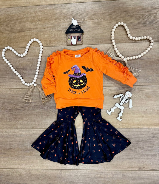 Halloween Orange TRICK OR TREAT Pumpkin Ruffle Girl Bell Pant Set