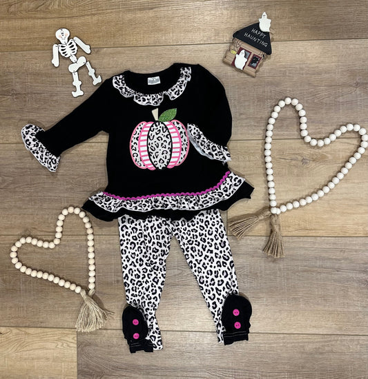 Black Leopard Pumpkin Ruffle Girl Pant Set