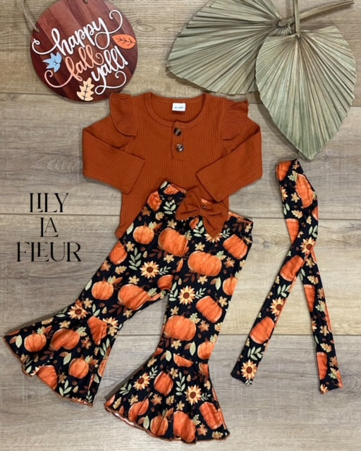 Pumpkin Print Flared Pants with Long Sleeve Ruffle Romper Top and  Headband 3pcs