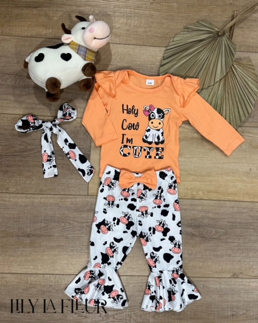 Cute Cow Graphic Baby Girls 3pcs Outfit - Long Sleeve Romper + Bowknot Flared Trousers Set With Free Headband