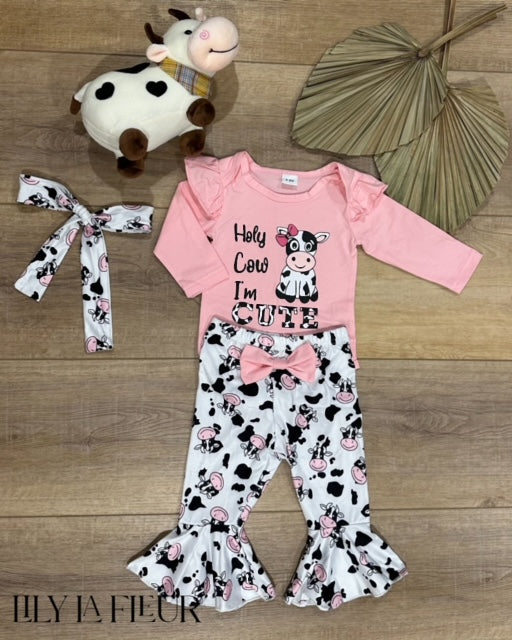 Cute Cow Graphic Baby Girls 3pcs Outfit - Long Sleeve Romper + Bowknot Flared Trousers Set With Free Headband