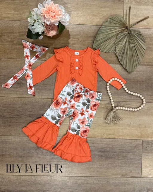 Long-sleeved Coral Romper & Floral Print Bell Pant Set With Headband