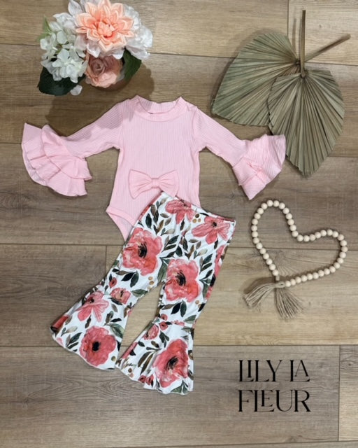 Long-sleeved Pink Bell Ruffle Romper & Floral Flair Pant