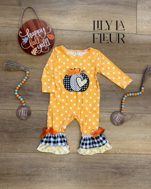 Orange Patched Pumpkin Polka Dot Bow Bodysuit