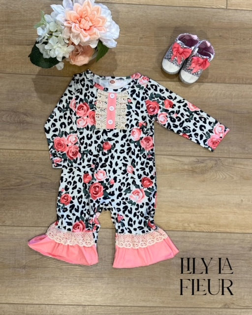 Floral Leopard Print Long Sleeve Romper