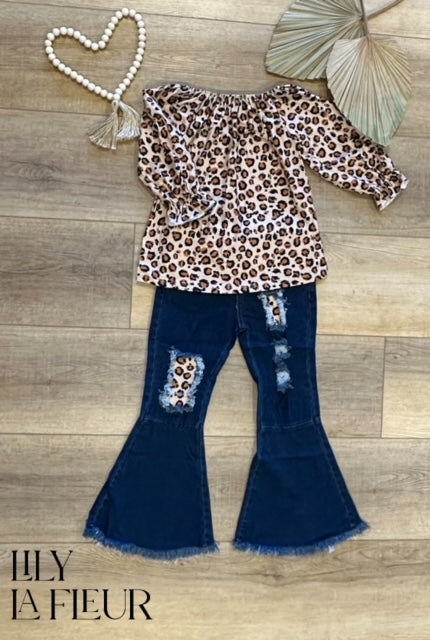 Leopard Print Top Raw Flare Bell Jeans 2pc