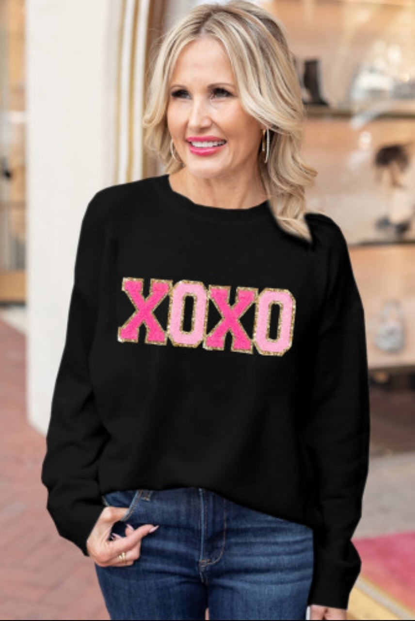 Black XOXO Chenille Letter Round Neck Casual Sweater