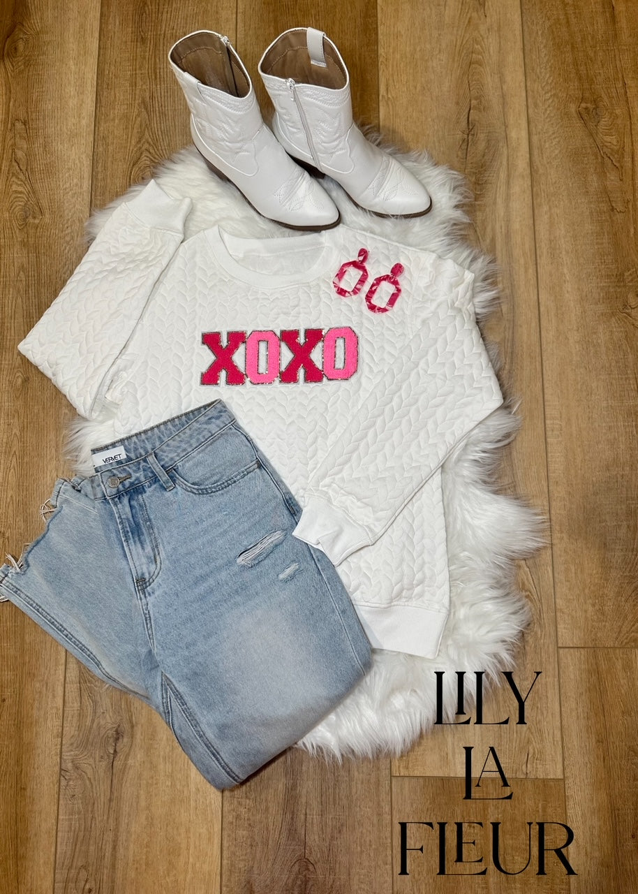 White XOXO Chenille Letter Patch Quilted Sweatshirt