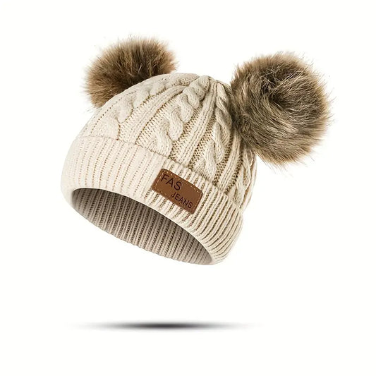 Thermal Knitted Beanie Hat With Two Plush Balls - 3 colors