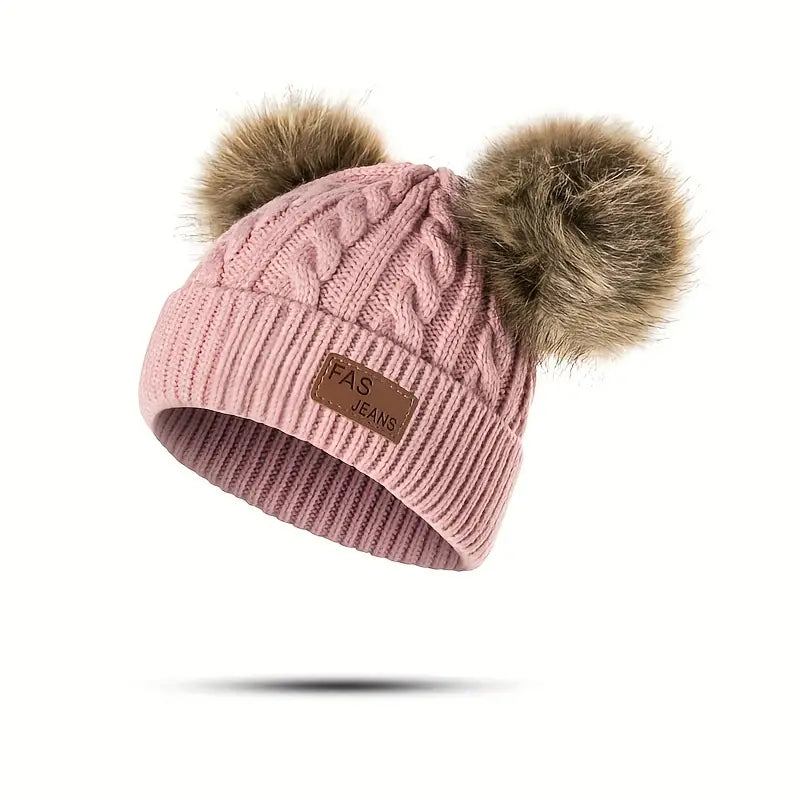 Thermal Knitted Beanie Hat With Two Plush Balls - 3 colors