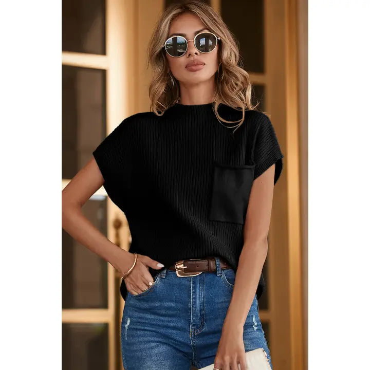 Patch Pocket Ribbed Knit Short Sleeve Sweater