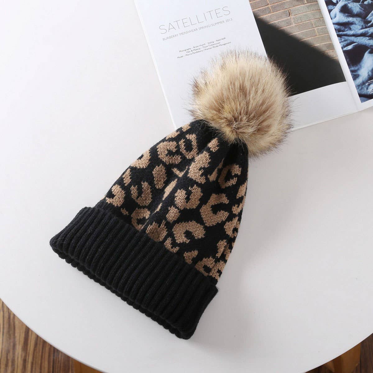 Leopard Knit Pom-Pom Beanie