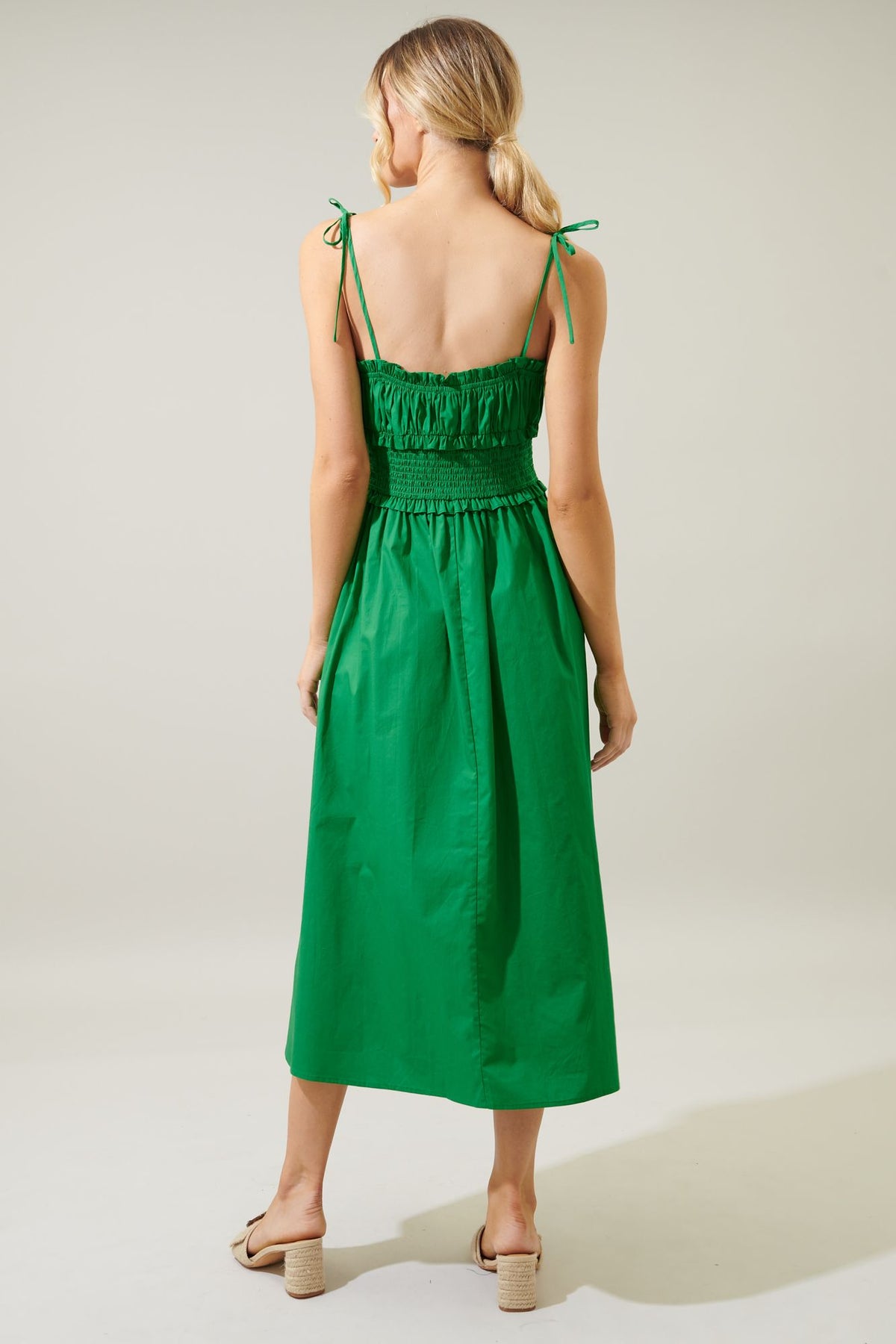 Orion Smocked Waist Tie Strap Poplin Midi Dress