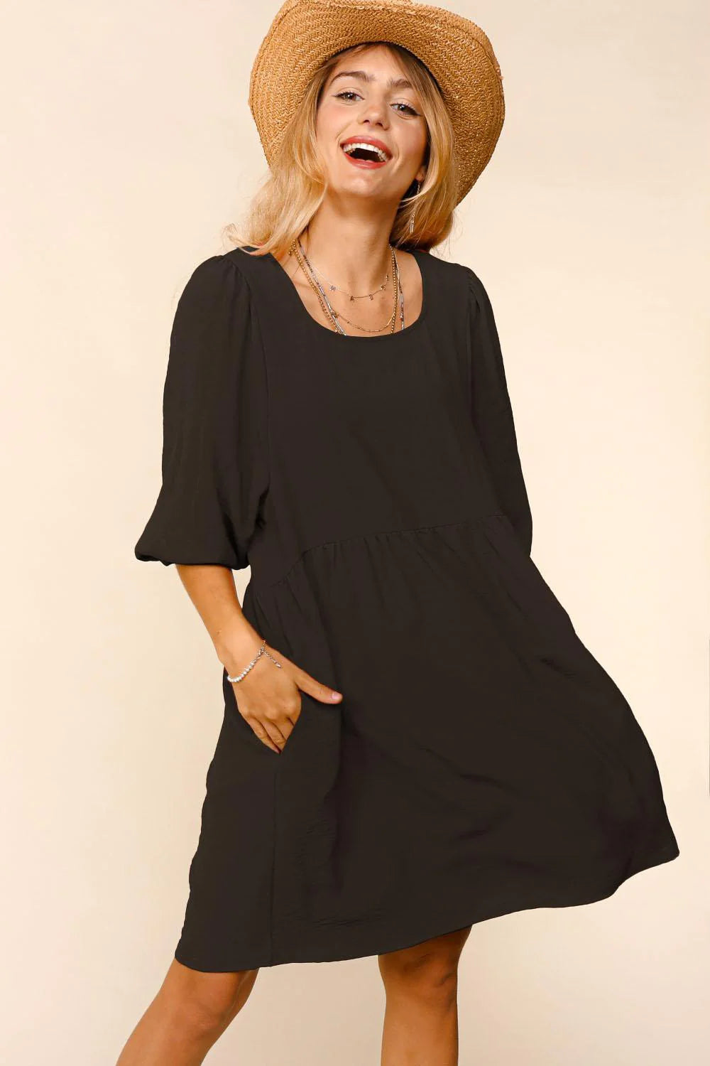 HAPTICS- Black Puff Bubble 3/4 Sleeve Dress