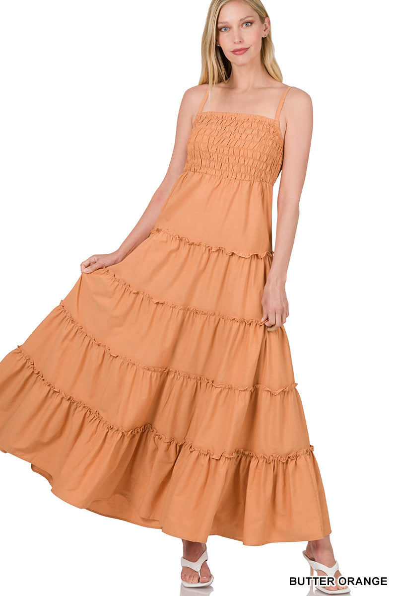 ZENANA WOVEN SMOCKED TOP TIERED CAMI MAXI DRESS