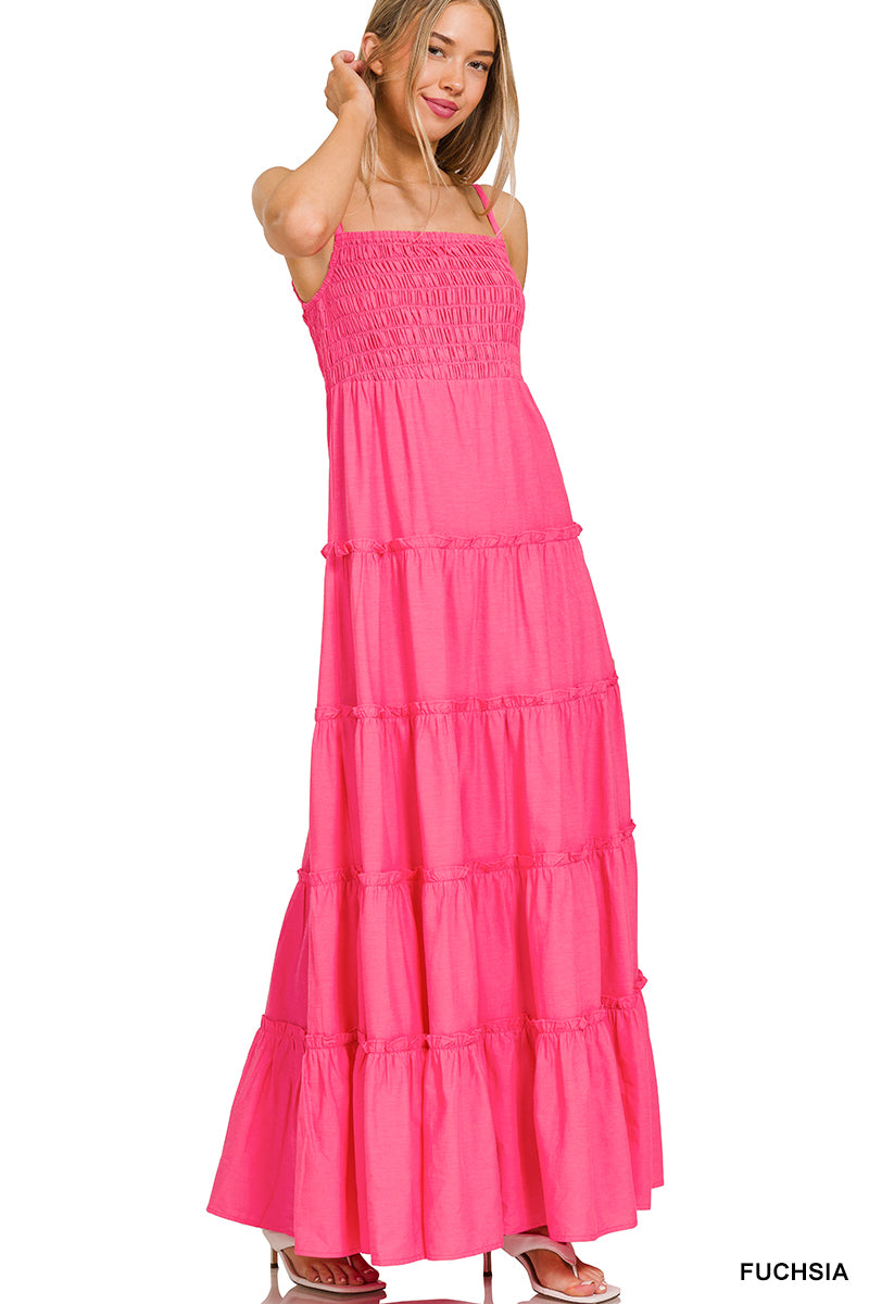 ZENANA WOVEN SMOCKED TOP TIERED CAMI MAXI DRESS