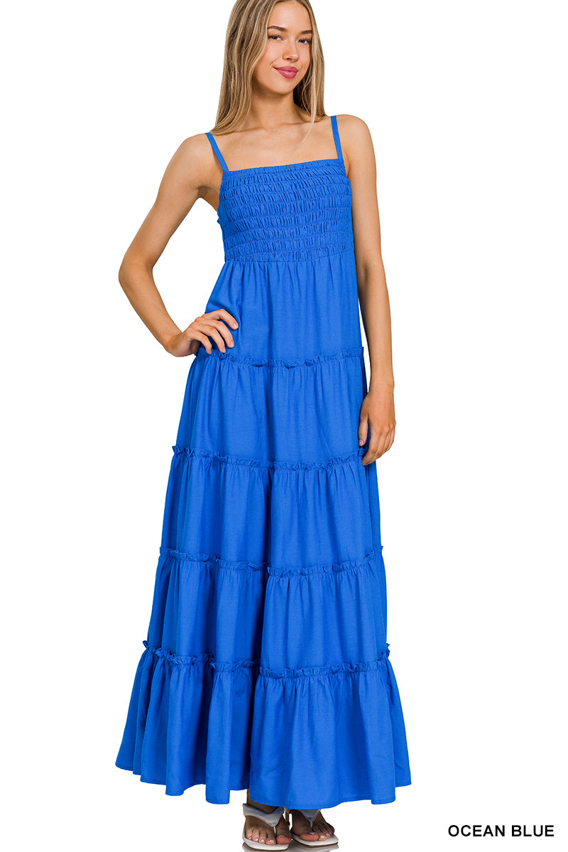 ZENANA WOVEN SMOCKED TOP TIERED CAMI MAXI DRESS