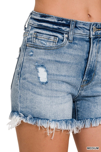Zenana Raw Frayed Hem Ripped Denim Shorts