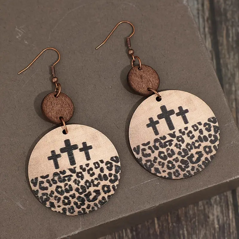 Round Leopard and Cross Print Wooden Earring