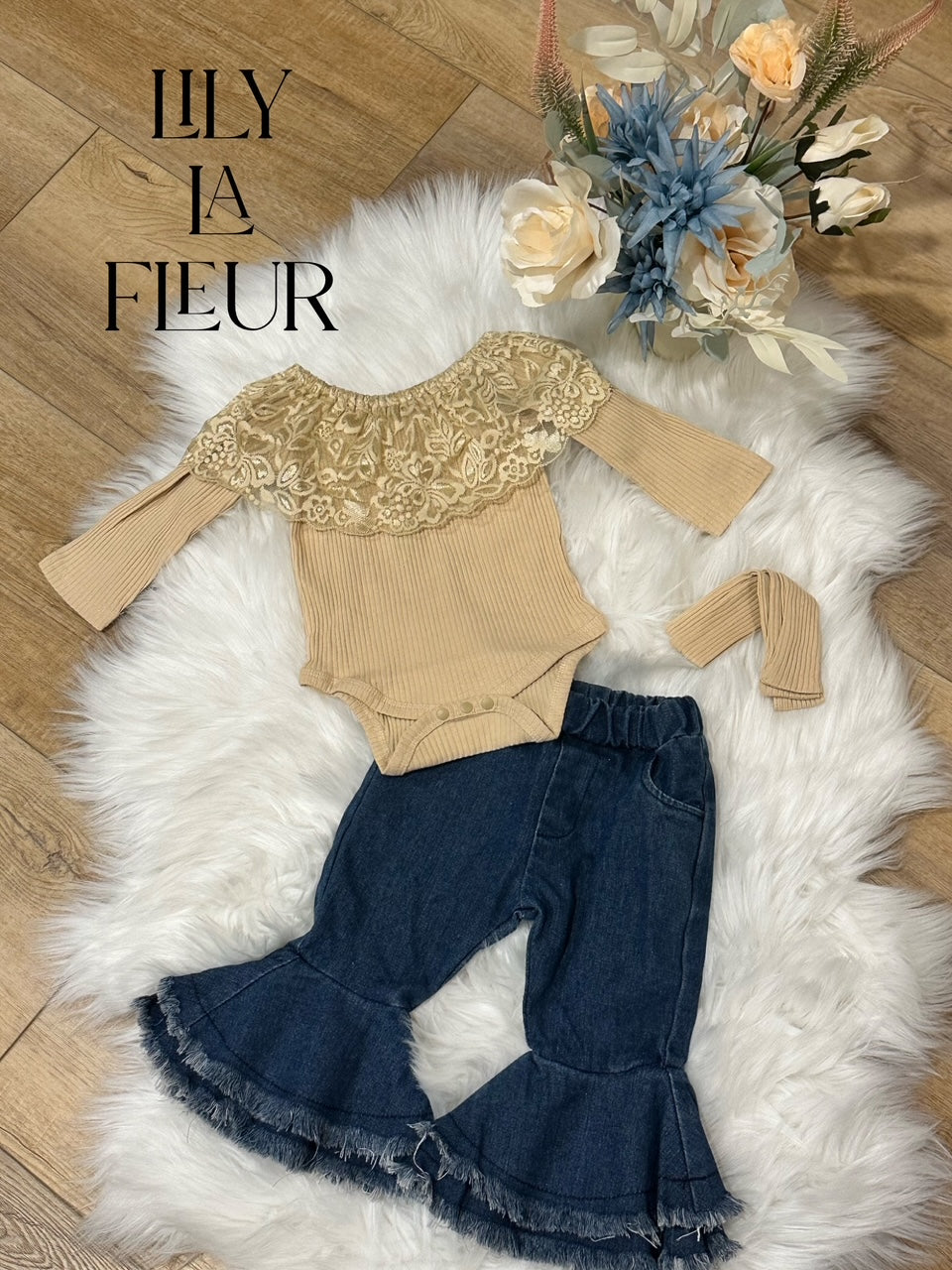 Round Neck Lace Top with Denim Bell Bottoms and Hair Bow