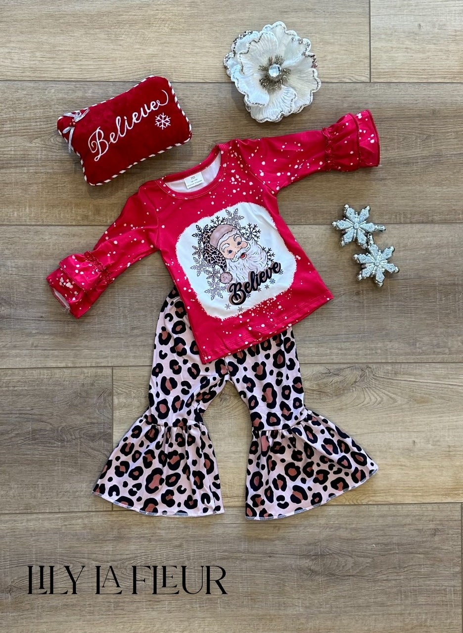 "Believe" Santa print Top with ruffles and leopard print flare bell pant  - 2pc Set