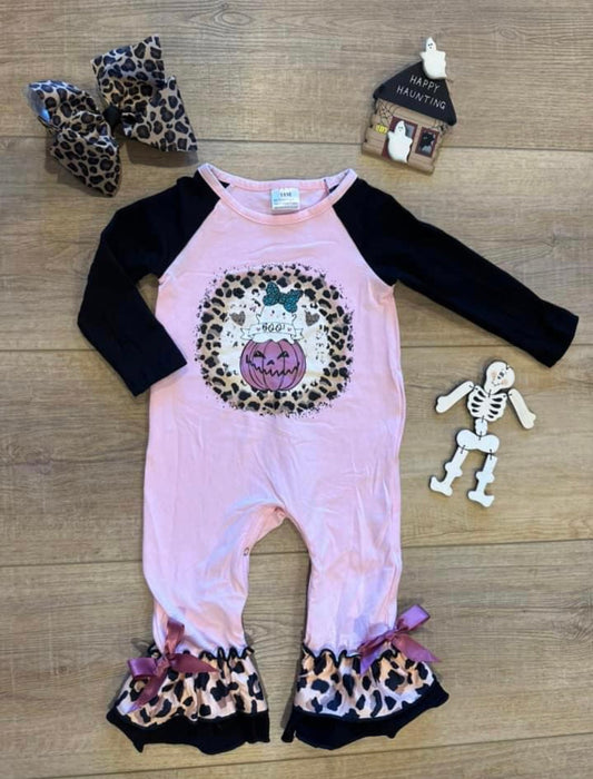 Pink Ghost Leopard Pumpkin Ruffle Romper