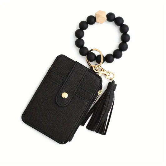 Silicone Beaded Wristlet Keychain Leather Wallet